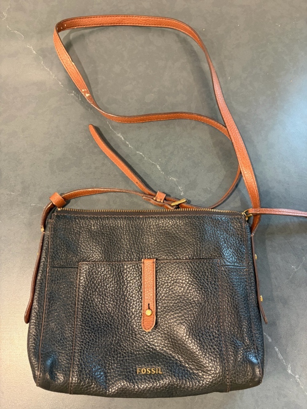 Fossil Black Pebbled Leather Crossbody with Tan Strap